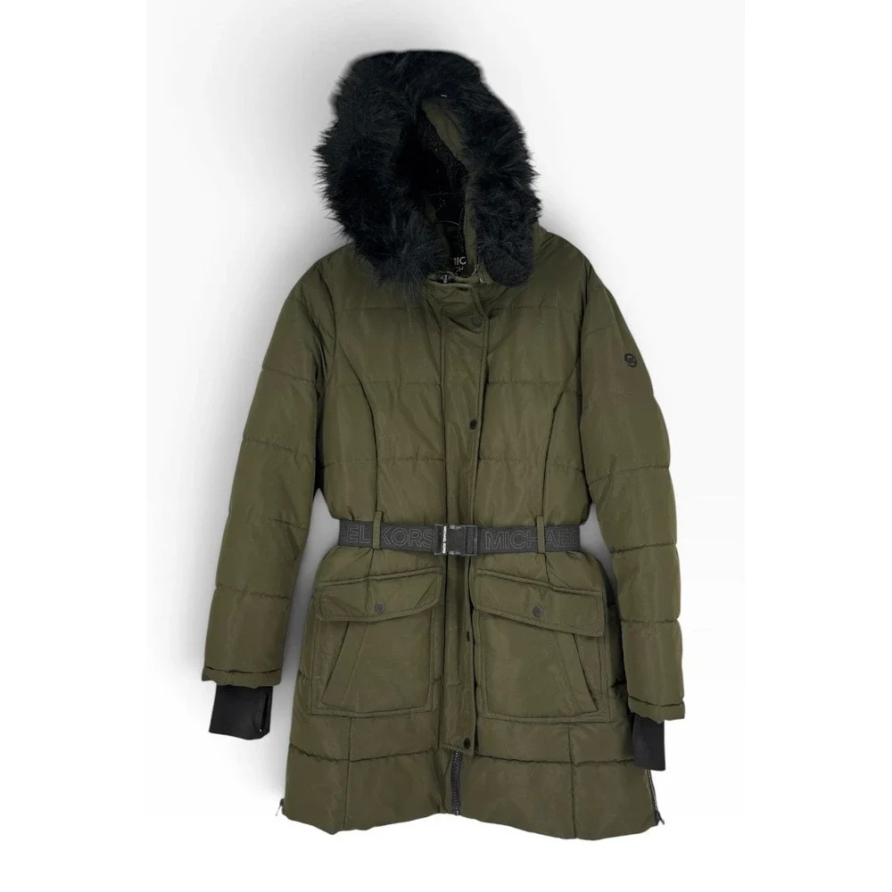 Michael Kors Puffer Parka Women Large Olive Green Belted Faux Fur Hood